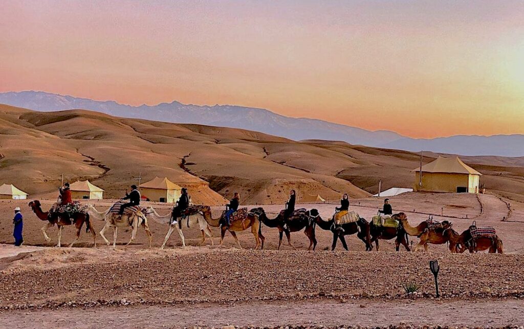 Sunset camel trek with Berber nomad robes in Agafay Desert
