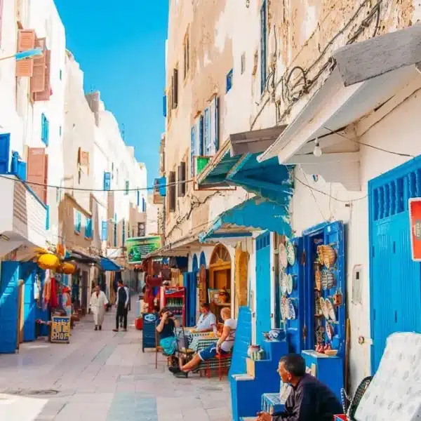 Inside the Medina of Essaouira in our Panoramic photo of the Old Medina of Essaouira with its blue sea in our day trip from Marrakech to Essaouira