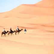 Three individuals riding camels traverse a vast desert landscape under a clear sky Marrakech desert excursions