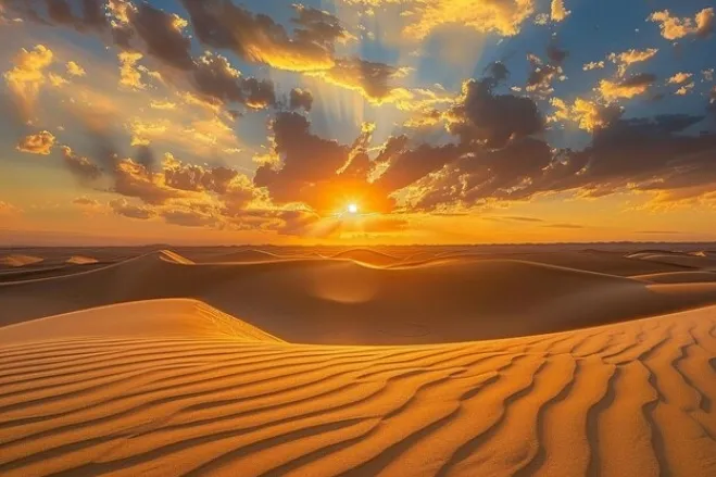 Sunset casts vibrant hues over expansive sand dunes in a serene desert landscape Morocco desert night