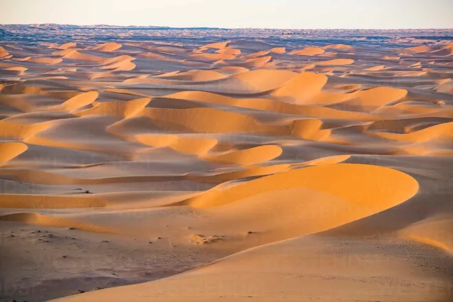 A vast expanse of the Sahara Desert, showcasing its arid landscape and endless dunes under a clear blue sky Erg Chebbi Dunes