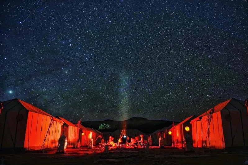 Bright stars illuminate the night sky above tents in a serene Morocco desert camp setting.