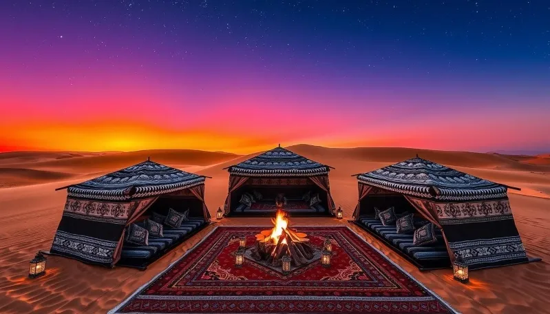 A serene desert camp in Morocco featuring tents arranged around a central fire pit under a clear night sky.