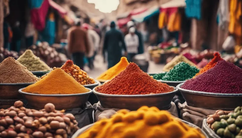 A vibrant display of various bowls filled with colorful spices at a Moroccan souk market, showcasing rich culinary traditions.