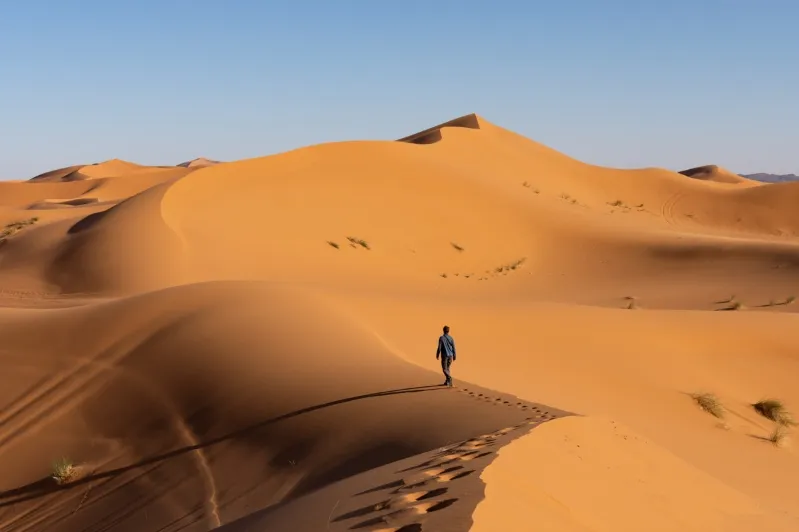 A man walking through the vast Moroccan Sahara Desert, surrounded by golden sand dunes under a clear blue sky.