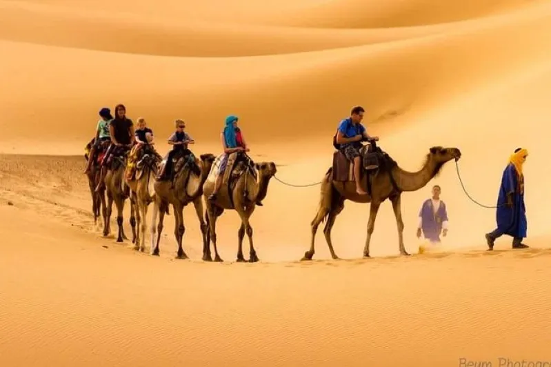 A group of tourists riding camels across the vast desert landscape near Casablanca, enjoying a unique adventure.