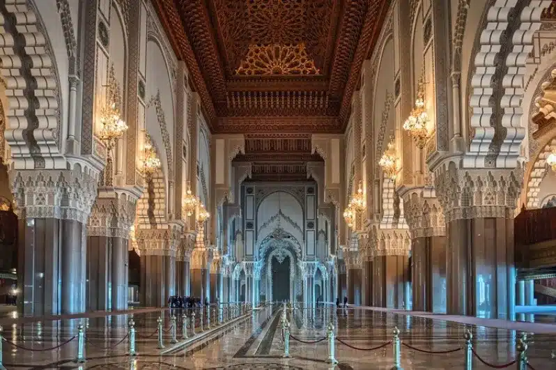 Interior view of the Grand Mosque of Casablanca, showcasing intricate designs and architecture, ideal for private Morocco tours. 