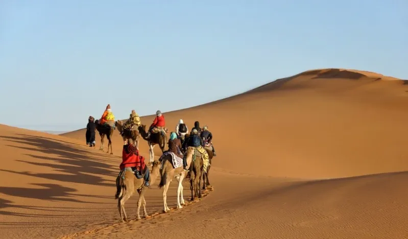 A group of tourists riding camels through the vast desert landscape, showcasing a must visit places in morocco.