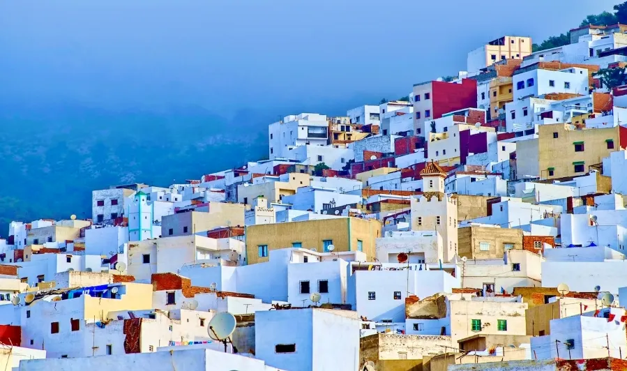 A scenic hillside in Tangier featuring numerous white buildings with a majestic mountain rising in the background.