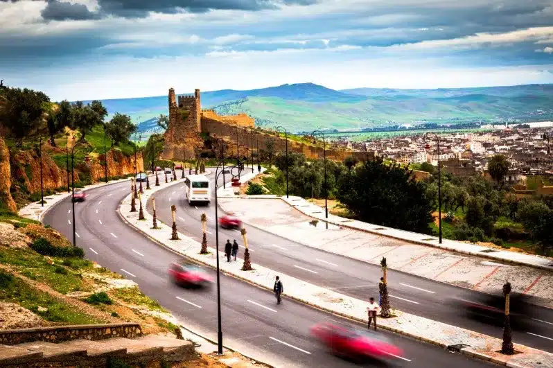 A panoramic view of Marrakech, Morocco, showcasing its vibrant architecture and bustling city life.
