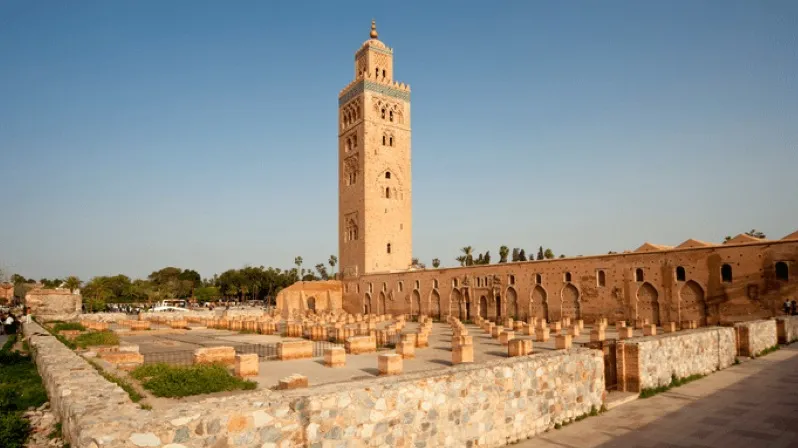 A stunning view of the Mosque of Islam in Marrakech, Morocco, showcasing its intricate architecture during a touring in morocco.