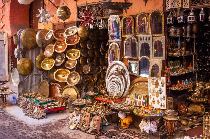 A vibrant shop in Marrakech showcasing a diverse array of items for travelers and locals alike. 