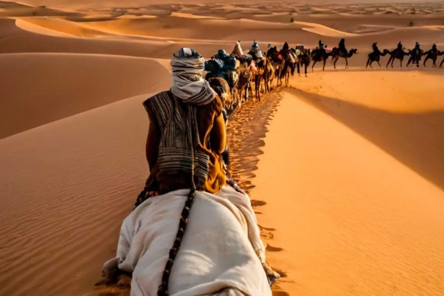 A group of individuals riding camels across the vast Merzouga desert, surrounded by golden sand dunes under a clear sky.