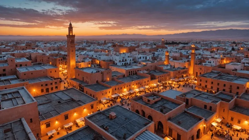 A stunning sunset over the city of Essaouira, Morocco, showcasing a family enjoying quad and horse riding adventures.