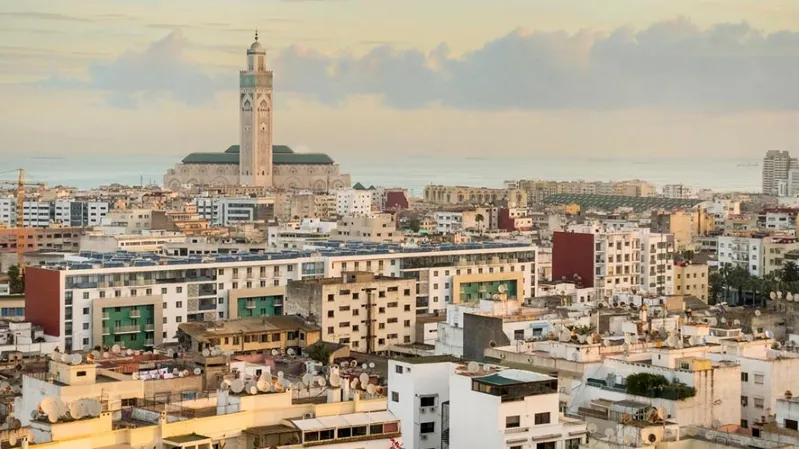 Aerial view of Casablanca, showcasing the city's vibrant architecture and urban landscape, raising questions about safety.
