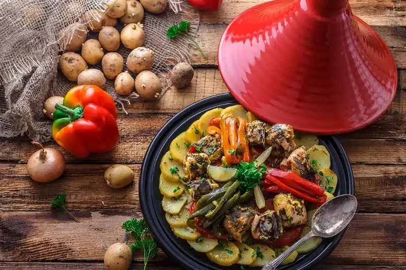 A vibrant display of Moroccan cuisine showcasing traditional dishes at the Best Moroccan Restaurant. 