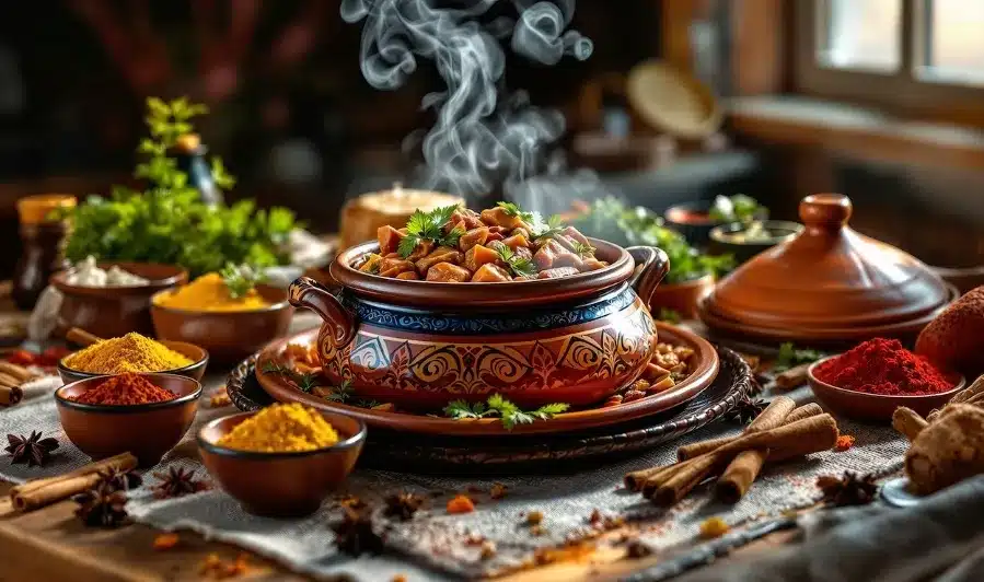 A table filled with colorful Moroccan food and spices, highlighting the flavors learned in a family cooking class in Marrakech.