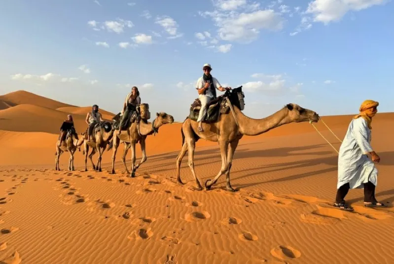A group of people riding camels across the sandy desert landscape in Morocco, showcasing a traditional camel ride experience. 