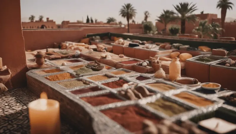 A serene table setting featuring an array of spices and candles, evoking a tranquil atmosphere reminiscent of Yoga Marrakech.