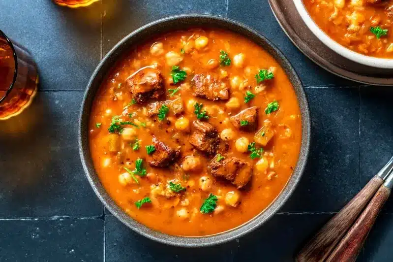 A bowl of harira soup filled with meat and beans, elegantly placed on a wooden table. 
