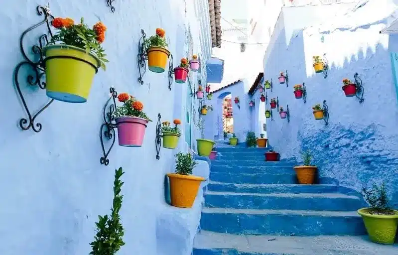 Scenic view of Chefchaouen, Morocco, showcasing its iconic blue buildings, a top destination for travelers in the country.