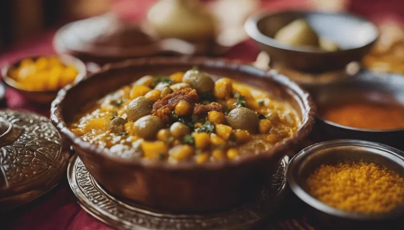 A bowl filled with vibrant Indian food, showcasing a blend of spices and flavors, inspired by Moroccan gastronomy. 