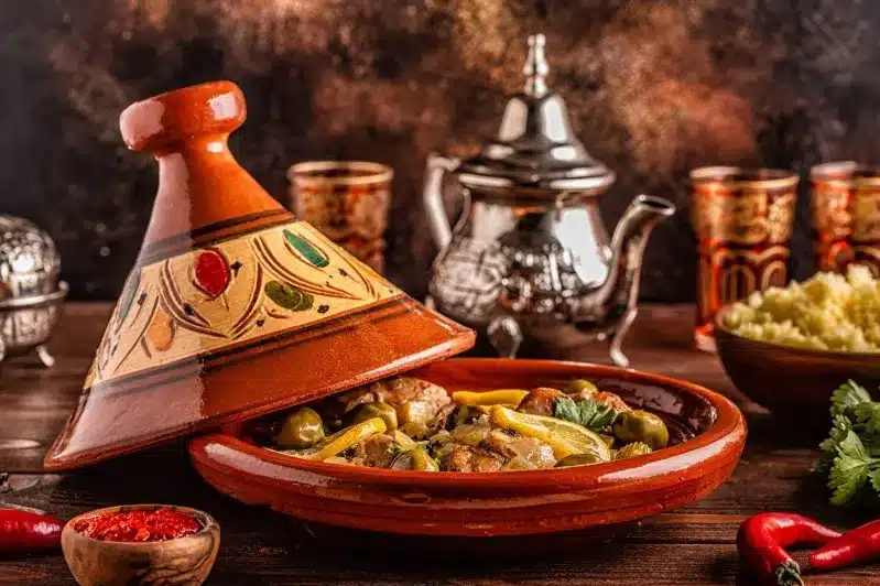 A vibrant display of Moroccan chicken tagine with spices arranged on a rustic wooden table, showcasing rich culinary traditions.