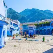 Scenic view of Chefchaouen, Morocco, showcasing its iconic blue buildings, ideal for travel in spring or fall.