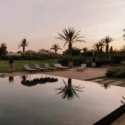 A serene pool encircled by lush palm trees and green grass, ideal for yoga retreats in Marrakech.