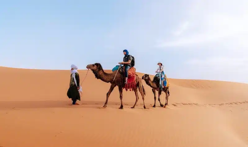 Three people riding camels across the vast Sahara Desert during a tour organized by Casablanca Morocco Tours.