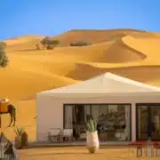 A desert scene featuring a tent, camels, and people, highlighting the Fes to Marrakech desert tour experience.