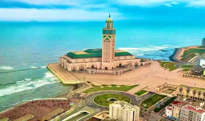 The Hassan II Mosque in Casablanca, Morocco, showcasing its stunning architecture and coastal location.
