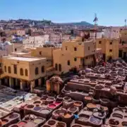 A vibrant Moroccan city scene showcasing an array of colorful pots and pans, reflecting the rich culture and lifestyle.