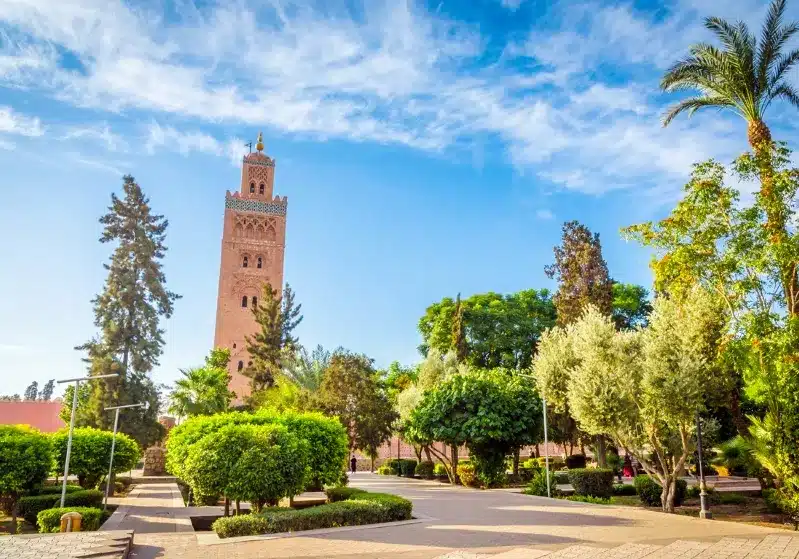 A panoramic view of Marrakech, Morocco, showcasing its vibrant architecture and bustling markets, a must-visit destination.