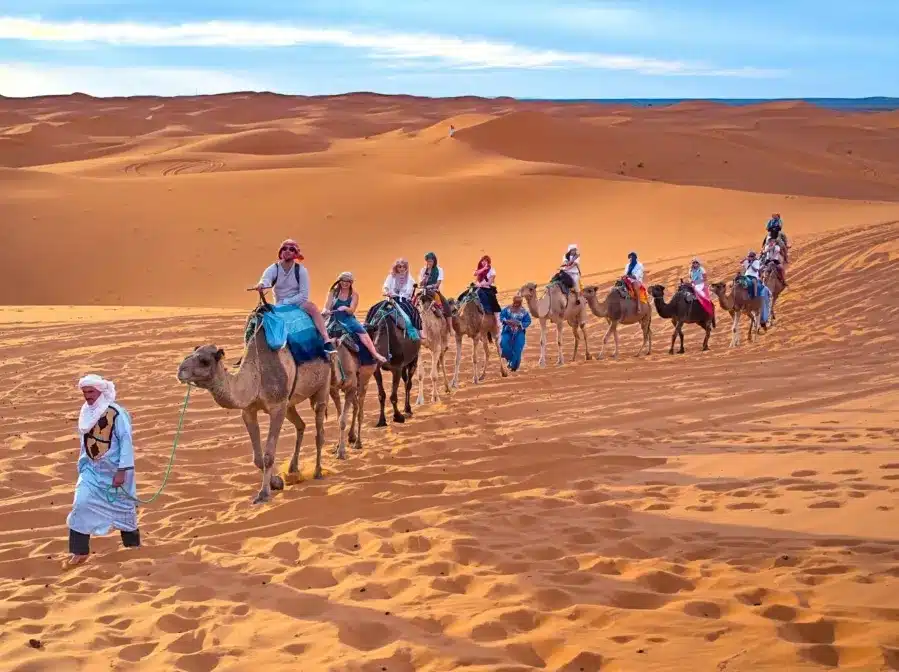 A group of travelers riding camels across the sandy dunes of the Sahara Desert in Morocco.