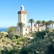 A coastal lighthouse surrounded by palm trees, representing Tangier's scenic beauty for a travel agency promotion.