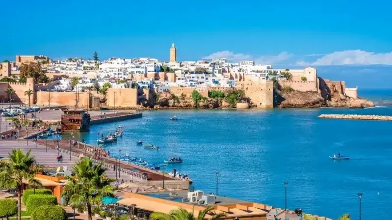 A panoramic view of Marrakech, Morocco, showcasing its vibrant architecture and bustling streets.fly to Morocco from USA