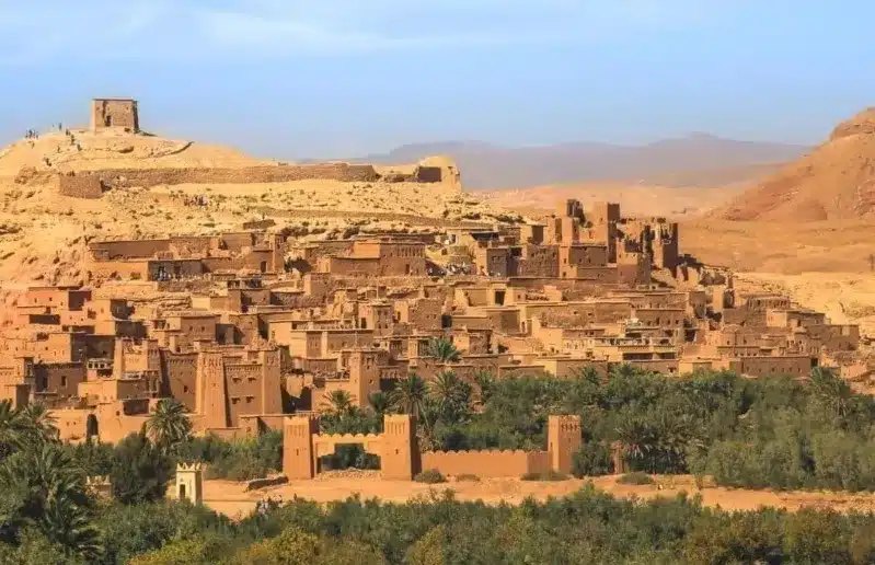 A panoramic view of the city of Atlas in Morocco, showcasing its unique architecture and mountainous backdrop.Morocco from USA