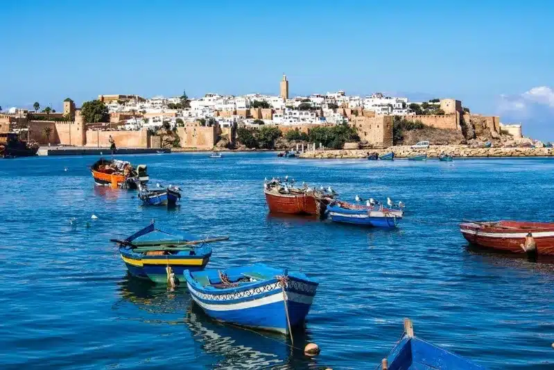 Boats docked in the harbor of Tunisia's old city, showcasing the vibrant maritime culture of the region.