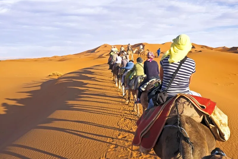 People riding camels across a vast desert landscape, showcasing a unique travel experience in Morocco.