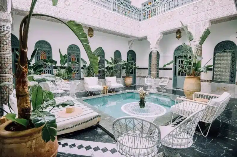 A collage showcasing the best luxury hotels in Morocco, highlighting opulent accommodations and stunning landscapes.