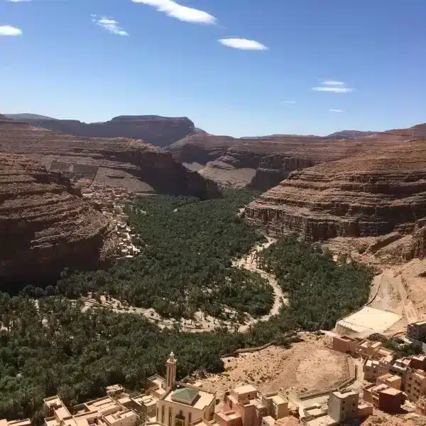 Panoramic view from a mountain peak in the desert, showcasing rugged terrain and distant hills in Ourika.
