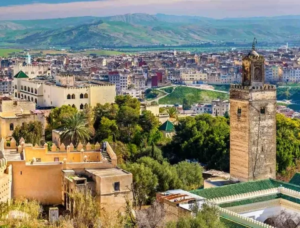 A panoramic view of Marrakech, Morocco, showcasing its vibrant architecture and bustling streets during a 3-day Casablanca tour.