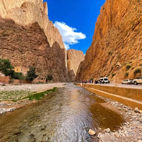 A river flows through a mountainous canyon, showcasing the natural beauty of Morocco during a tour from Casablanca.