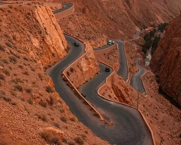 Scenic road winding through the Atlas Mountains, leading to Fes, showcasing desert landscapes over six days from Ouarzazate.