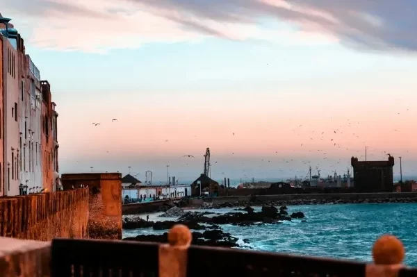 A sunset view over the ocean with buildings silhouetted against the colorful sky in essaouira.
