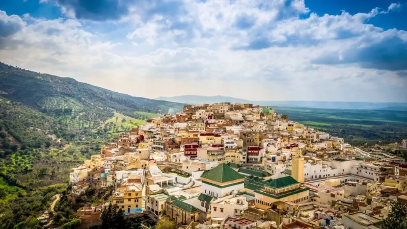 A panoramic view of the historic city of Fes, Morocco, showcasing its vibrant architecture and cultural heritage.