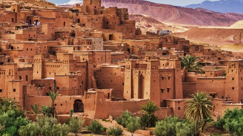 A panoramic view of Atad, a city in Morocco, showcasing its architecture and surrounding landscape.