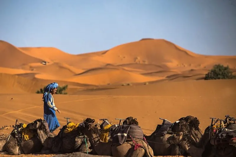 A man in blue and a woman with a camel stand together in the Marrakech Sahara Desert, showcasing a desert tour experience.