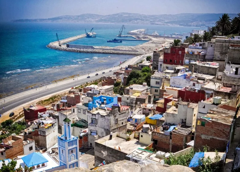 A panoramic view of Tunisia cityscape from a hilltop, showcasing buildings and greenery under a clear blue sky.